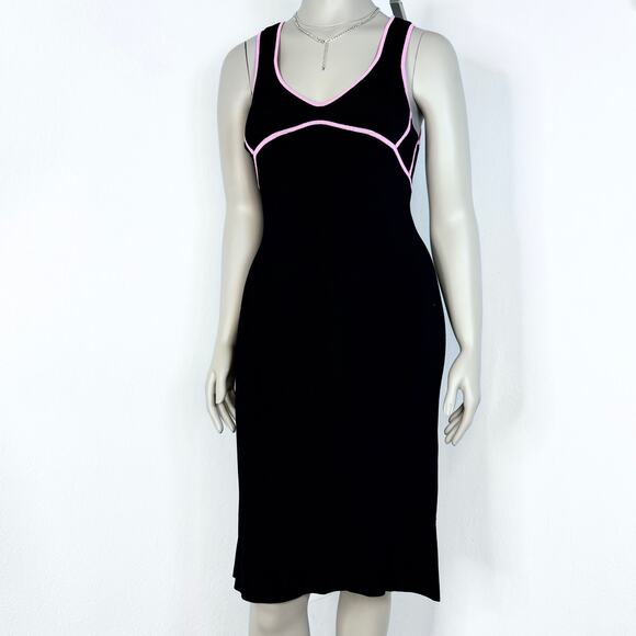 Y2K Bodycon Midi Knit Dress Black Pink Contrast Trim Sporty Sleeveless Size XL - Picture 1 of 7